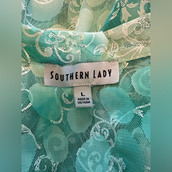 Floral Sheer Southern Lady white and teal Kimono Cardigan Sz  L #1797 - Picture 3 of 7